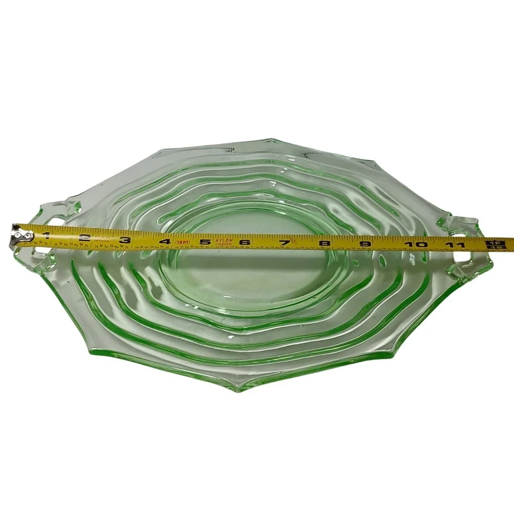 Jenkins Glass Company Uranium Platter Green Glass Handled Vaseline‎ Dish 12 Inch